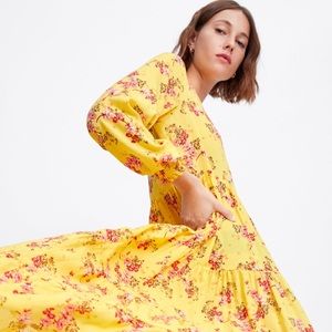 Zara Yellow Midi Maxi Floral Print Dress Small